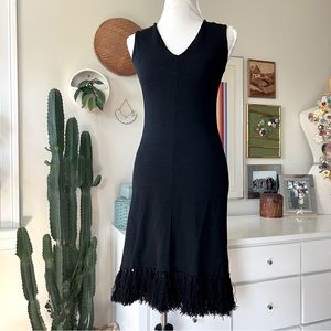 Vintage 70s The Knit Group by E Eysen Sleeveless Black Dress with Fringe